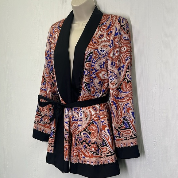 Zara - Colorful Paisley Print Black Lapels And Tie Belt Kimono Blouse Size Small - Picture 8 of 13